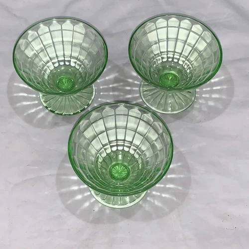3 Anchor Hocking Optical Vaseline Sherbet Glasses UV Reactive Green Uranium