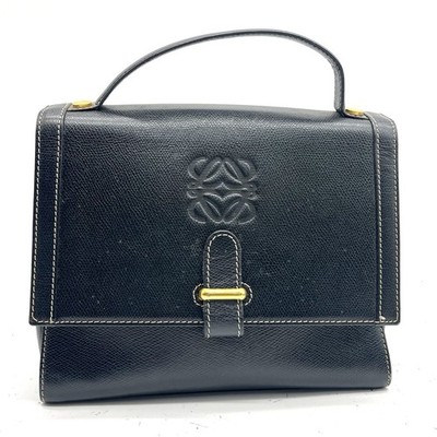 Auth Loewe Anagram Logo Leather Handbag Black 2Y4123