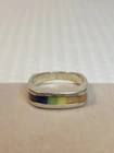 Vtg 925 Sterling Silver Rainbow Mother of Pearl Inlay Ring Size 8 3.5 mm Band