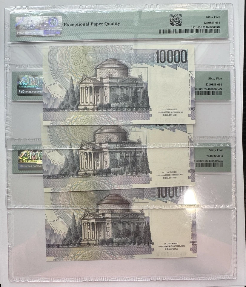 3 Consecutive Serial Numbered Italy 10000 Lire 1984 P 112 d Gem UNC PMG 65 EPQ - Image 2 of 2