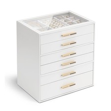 Vlando 6-Drawer Jewelry Box w/ Glass Lid, White Faux Leather, Velvet Lining