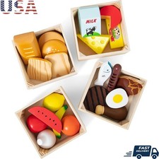 Wooden Food Groups Set 21 Pc W/ Crates Pretend Play Kitchen Toys 3 Kitchen New