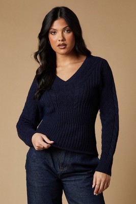 Oasis Damen Pullover Navy Zopfmuster Schößchen V-Ausschnitt Langarm Elfenbein