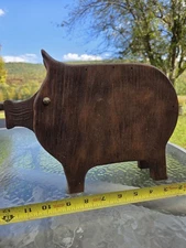 Primative Folk Art Pig Figure Mohogany Wood Piggy Bank 9-1/2" Tall Hand Made Hog
