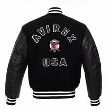 Mens Avirex Wool & Leather Black Bomber Jacket American Varsity Bomber Jacket