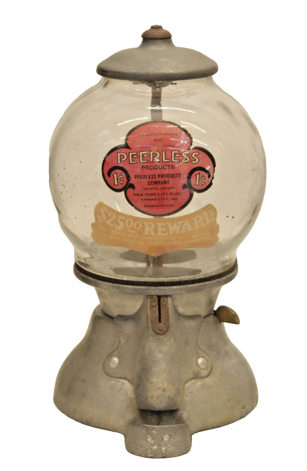 ANTIQUE PEERLESS PRODUCTS CO. ONE CENT GUMBALL / PEANUT MACHINE TRADE STIMULATOR