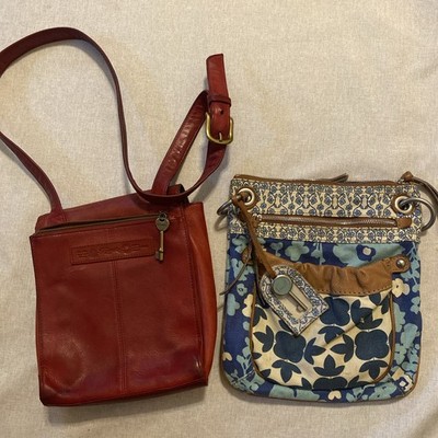 VTG Red Fossil Leather Crossbody Purse w/ Key Fixer Uppers Cloth Boho Included