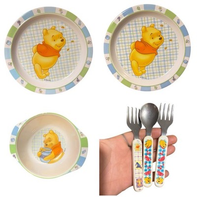 Vtg 2002 Disney Winnie the Pooh Melamine Childs Plate Bowl Fork Spoon Set