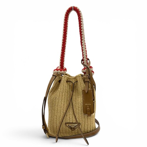 Excellent PRADA Handbag Crochet Mini Bucket Triangle Logo Leather Trim 2-Way