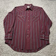 Vintage Ely Cattleman Pearl Snap Red Striped Burgundy Long Sleeve L 16.5x34