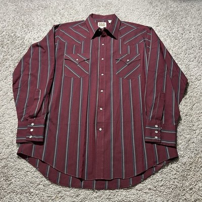 Vintage Ely Cattleman Pearl Snap Red Striped Burgundy Long Sleeve L 16.5x34 