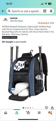 MATEIN Baseball Backpack with Fence Hook, Softball Bat, and Shoes Compartment