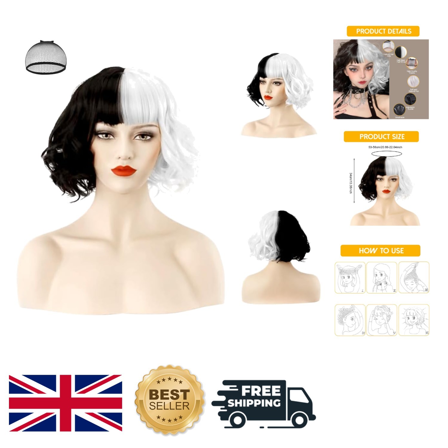 Llamativa peluca rizada mitad negra mitad blanca para Halloween y asuntos de disfraces - 8,6 pulgadas