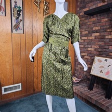Vtg 50s R K Originals Sheath Wiggle Pencil Cocktail Party Belted Silk Dress M