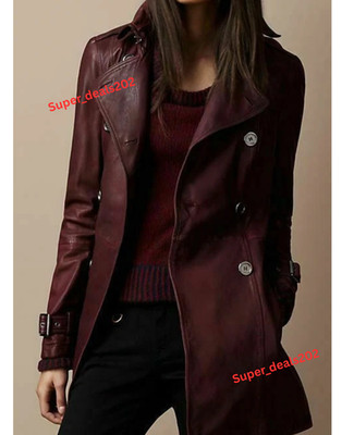 Womens Lambskin Leather Slim Trench Coat Soft Long Overcoat Winter Wear Outerfit