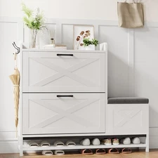 Space Saving Shoe Cabinet with 2 Flip Drawers, Narrow Storage Bench for Entryway