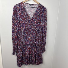 Dear John V-Neck Tiered Ruffle Dress Purple Blue Red Lined Smocking Women's Sz M