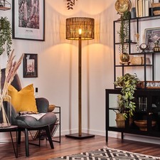 Lampa podłogowa i lampa podłogowa w stylu boho z drewnianą podstawą, bambusowy klosz, przełącznik nożny