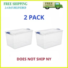 2 PACK - Stackable Plastic Tote Box Storage Containers Bin 66 Qt, Blue Latches