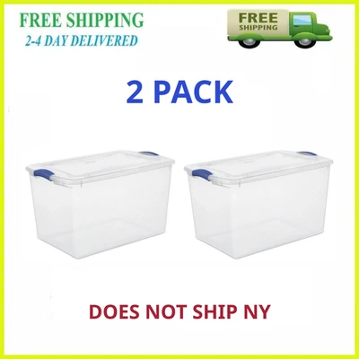 STERILITE 2 PACK - Stackable Plastic Tote Box Storage Containers Bin 66 Qt, Blue Latches