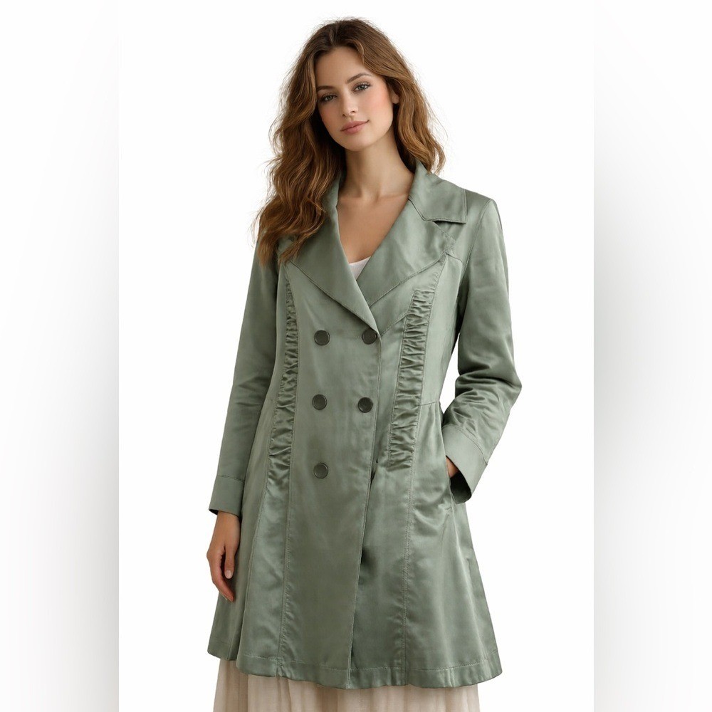 DKNY Jeans Satin Trench Coat Sage Green Double Breasted Women's L