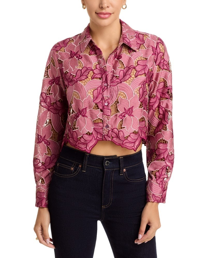 Blusa recortada con botones L'AGENCE Akemi para mujer M malva manga larga múltiple