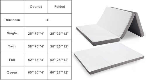 Foldable Mattress 4 Inch Folding Mattress Tri-fold Gel Memory Foam Breathable... - Picture 8 of 9