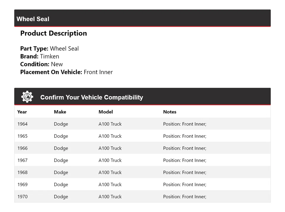 For 1964-1970 Dodge A100 Truck Wheel Seal Front Inner Timken 1965 1966 1967 1968 - Image 2 of 4