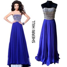 Sherri Hill 1539 Prom Dress Chiffon Royal Blue Beaded Floor Length Gown Size 0