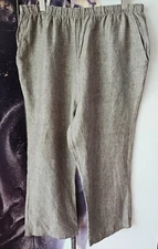 Match Point 100% Brown Linen Elastic Waist Wide Leg Pants Womens Size Large