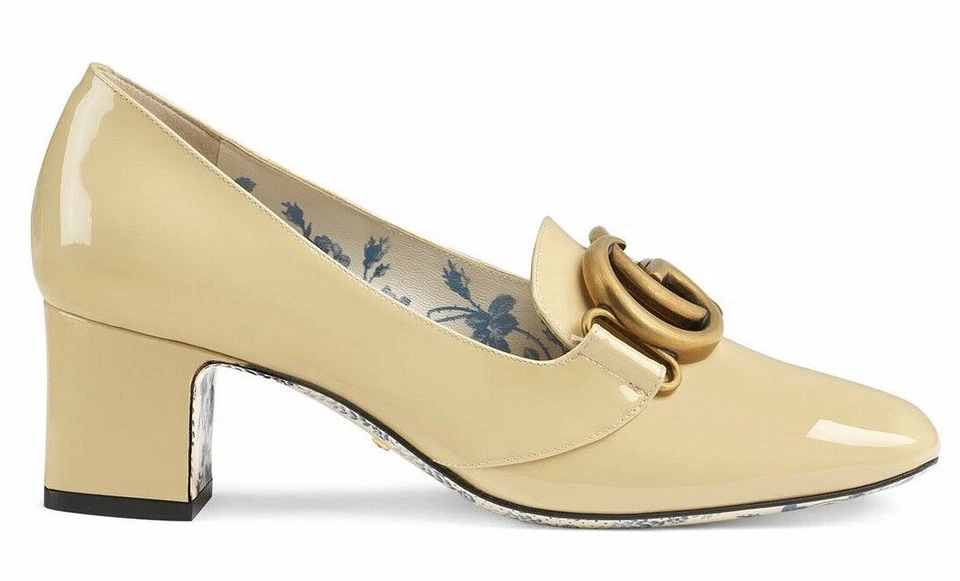 Gucci Victoire 55 Sand Storm Patent Leather Block Mid Heel Mule Loafer Pump 39