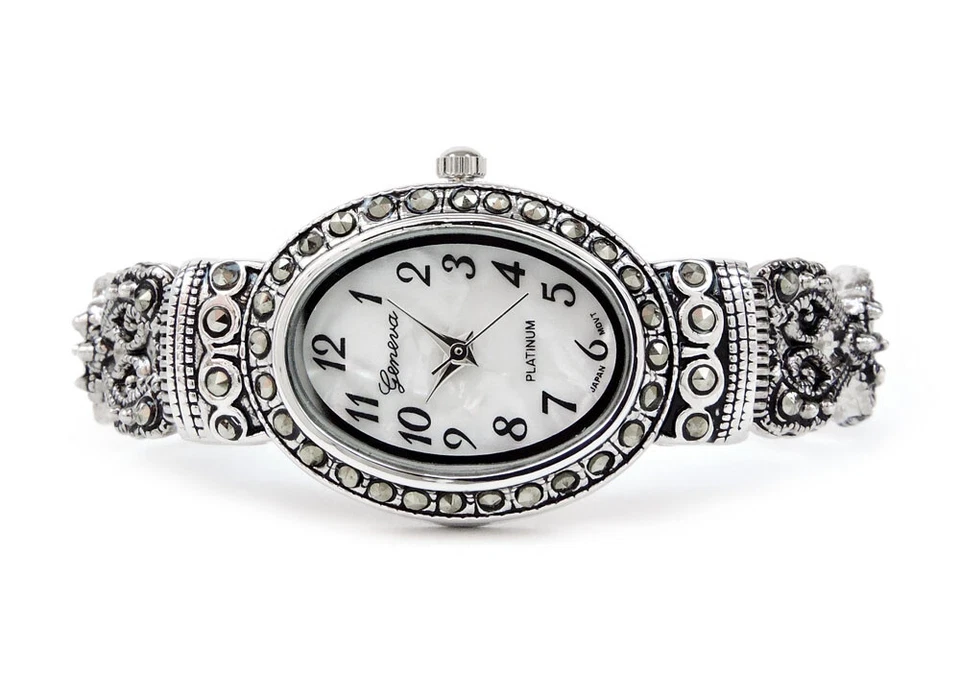 Reloj brazalete brazalete para mujer plateado negro estilo vintage cristal marcasita cara ovalada Foto 3 de 4
