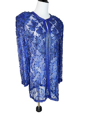 VTG Scala All Over Beaded Lace Jacket Floral Design Open Front Cobalt Blue Sz XL