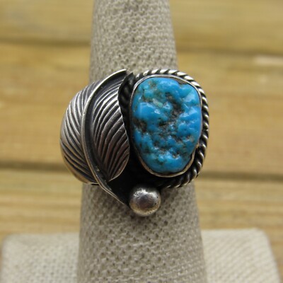 Vintage Oxidized Sterling Silver Leaf and Blue Turquoise Nugget