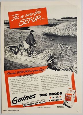 1948 Print Ad Gaines Dog Meal Food Duck Hunter, Dog, Decoys 