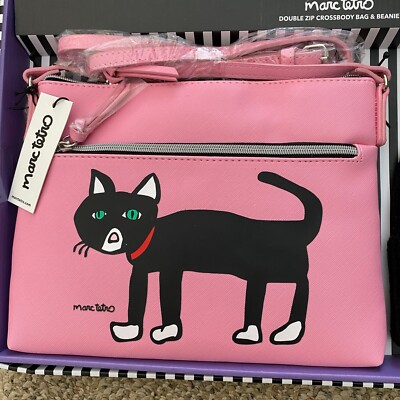 Marc Tetro Black Cat Pink Double Zip Crossbody Bag & Black Beanie