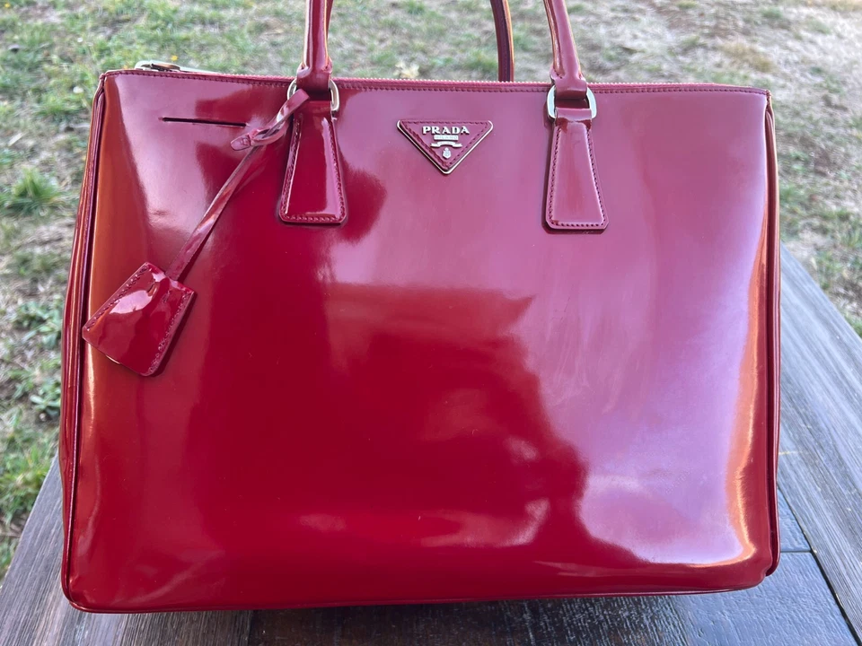 Authentic Prada Saffiano Red Patent Leather Large Galleria Tote Bag Double Zip - Image 2 of 4