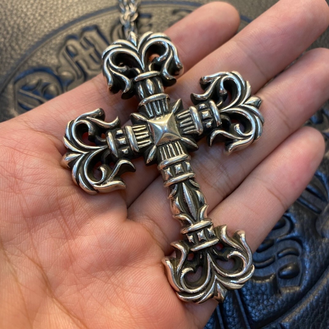 Chrome Hearts Sterling Silver large flame-cross pendant