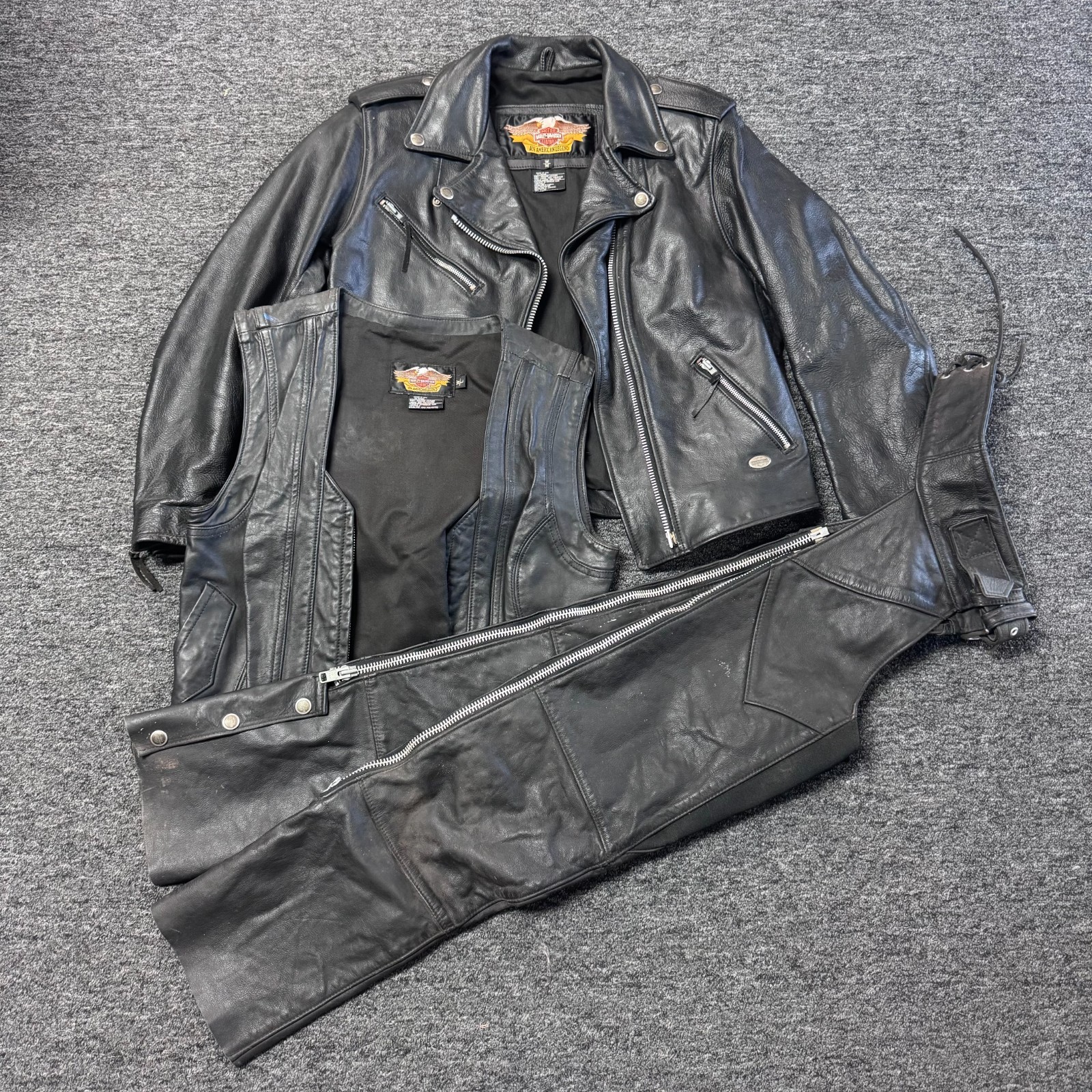 Vintage Harley Davidson Leather Motorcycle Jacket, Chaps & Vest Womens Sz M SET