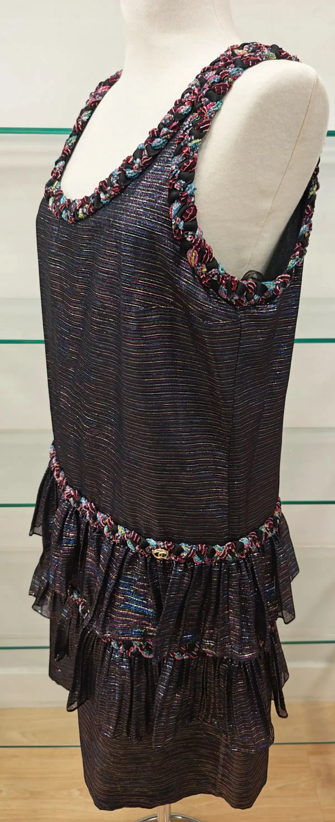 CHANEL Womens Metallic Multicolour Sleeveless Ruffle Dress FR 40