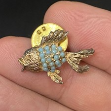 VTG Fish With Light Blue Bead Scales Hat Lapel Pin 7/8"