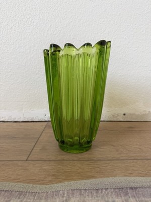 Vintage Viking Green Glass Vase Lotus Thick Wall Ribbed Tall Version