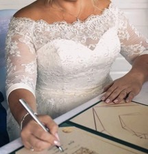 ivory A-Line Lace & Tulle Wedding Dress Sweetheart Neckline 3/4 Sleeves