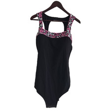 NWT It Figures One Piece Swimsuit Black w Pink White Straps Womens 22W D Cup