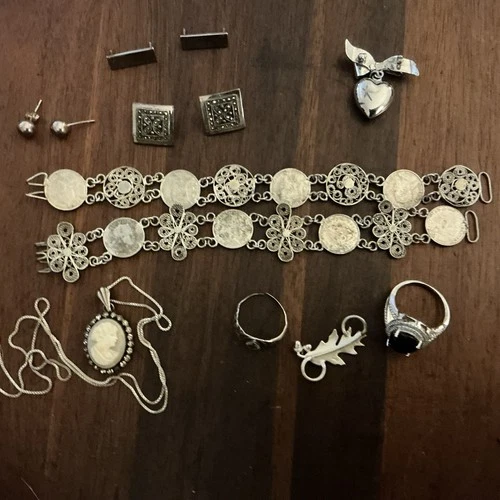 Vtg 925 Sterling Silver, Cameo, Two rings, Military Bars, Coin Bracelets Lot 69g
