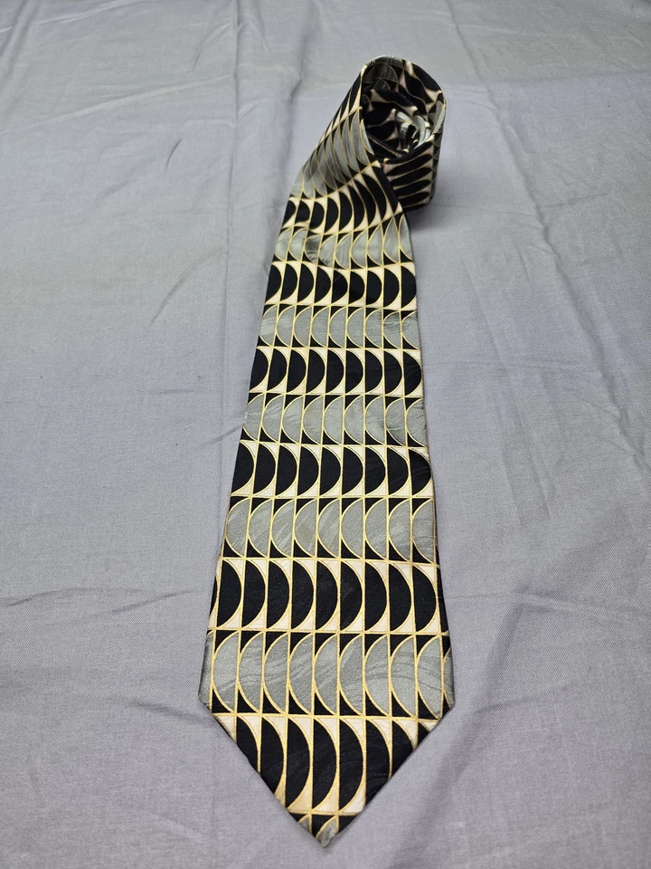 Corbata Enzo Felini Para Hombre Seda Negra Gris Dorado Geométrica Hecha a Mano Patrón Roma París Foto 2 de 4