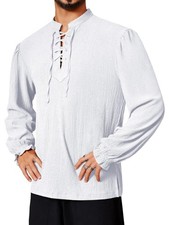 Runcati Mens Medieval Pirate Shirt Viking Renaissance Lace Up X-Large, White