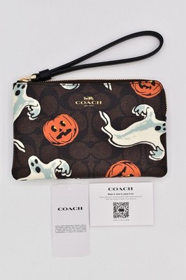 Coach Corner Zip Wristlet In Signature Canvas With Halloween Print Walnut Ghost