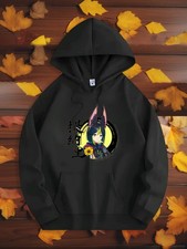 Women's  Men's Anime-Inspired Hooded Sweatshirt - Black with Text  Anime Chara