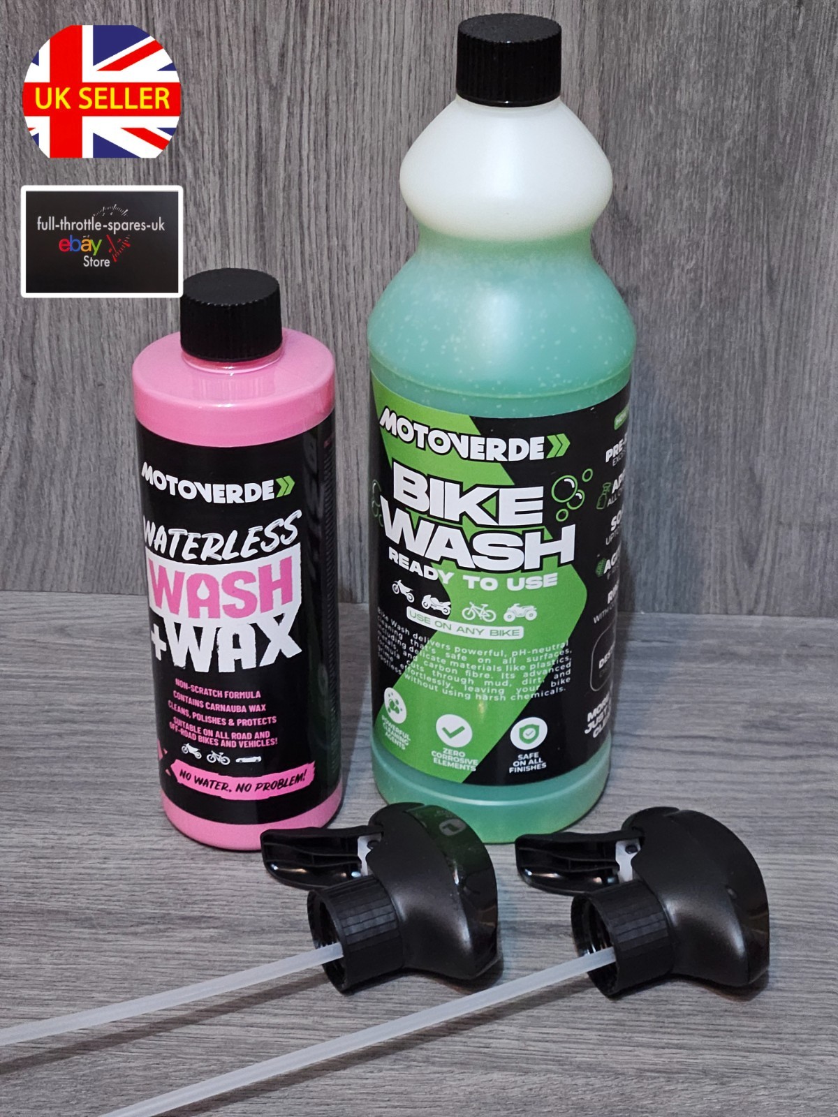 MOTOVERDE PRO GREEN BIKE WASH 1L + WATERLESS WASH AND WAX 500ML SPRAY BOTTLES